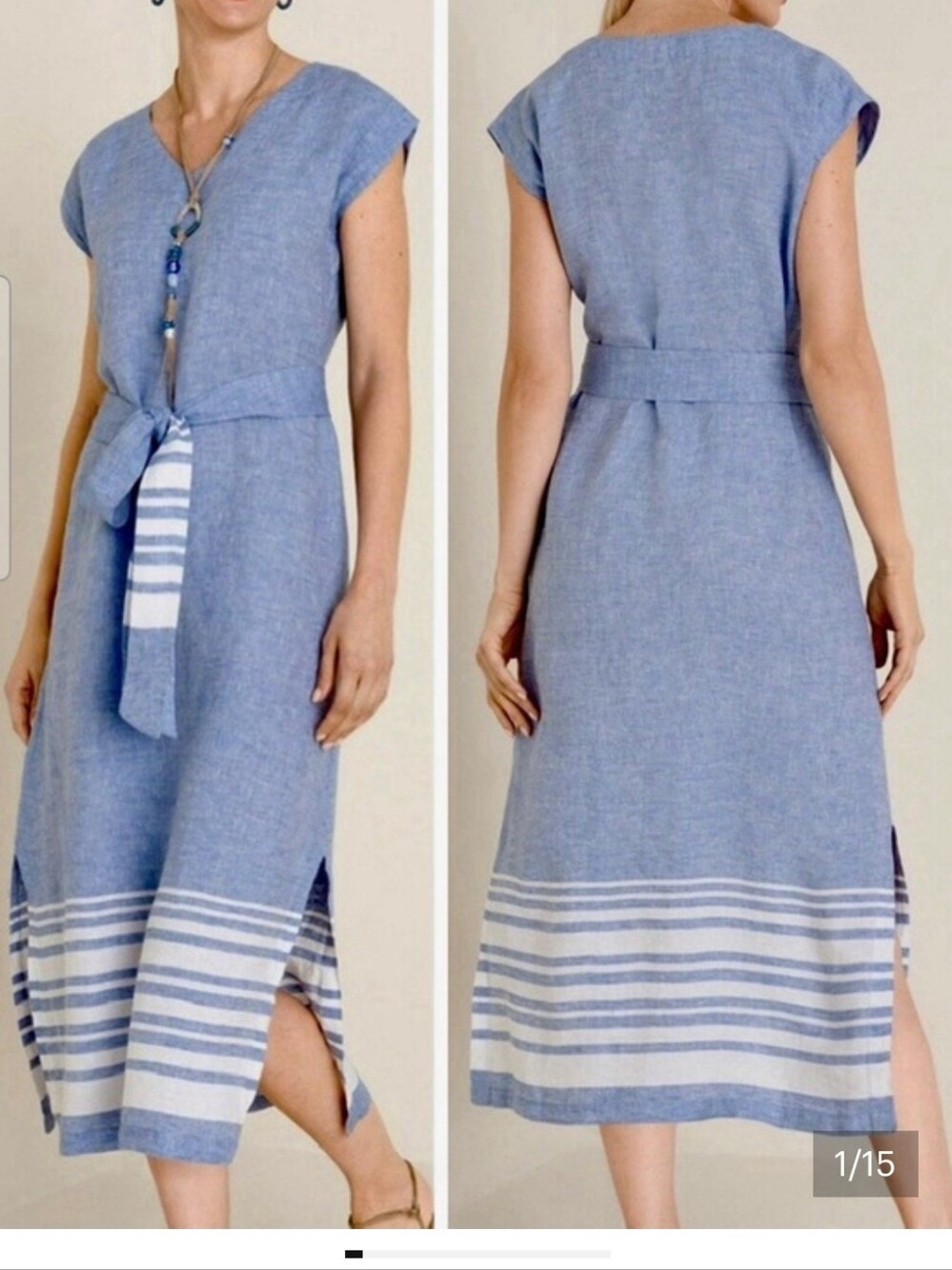 Chico's Light Blue Striped Linen Maxi Dress Size 1